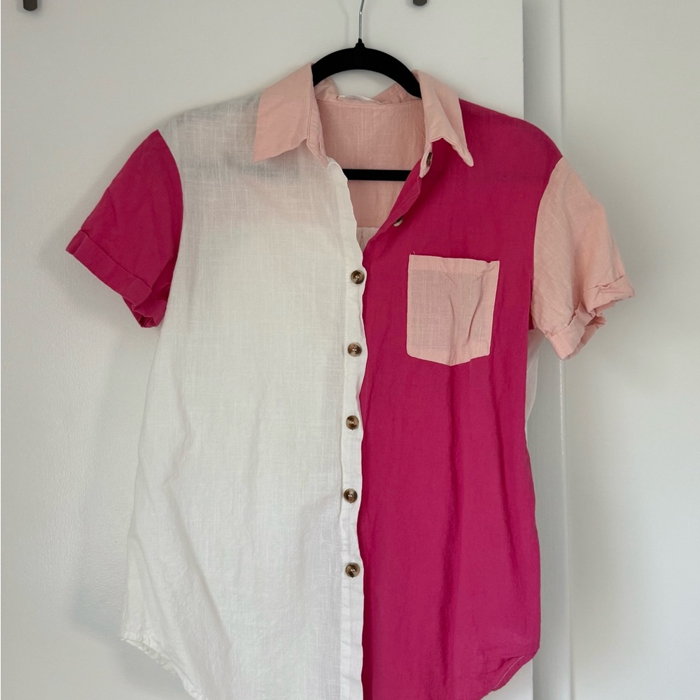 Zeagoo Pink and White Button Down Shirt with Color Block Design